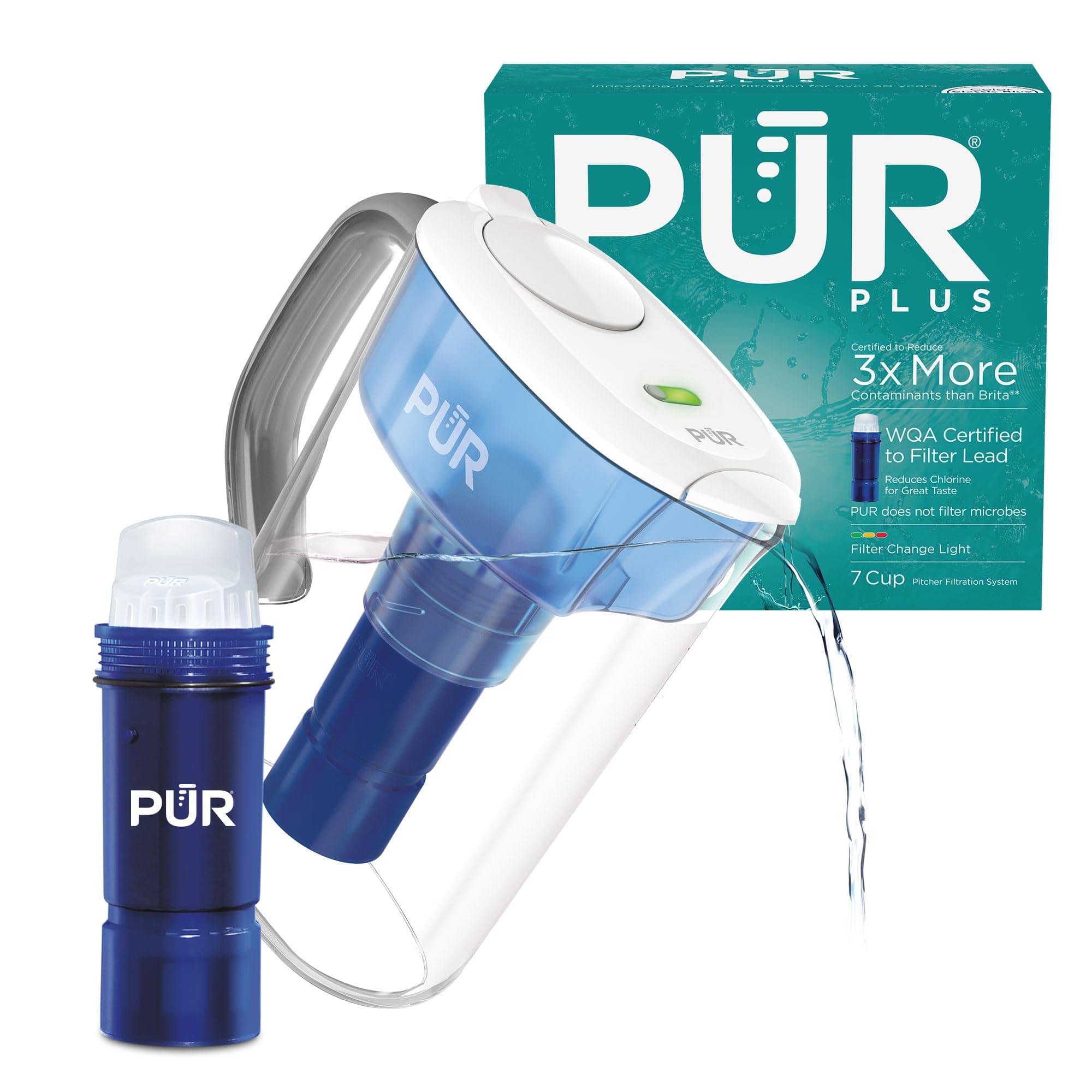 PUR PLUS 7-Cup Water Filter Pitcher with 1 Lead-Reducing PUR Plus Filter, Dishwasher Safe, Powerful Filtration, Filter Change Indicator Light, White, PPT711W