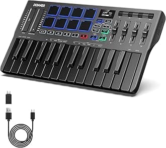Donner DMK-25 Pro MIDI Keyboard Controller, Portable USB-C MIDI Keyboard with 25 Mini Keys, 8 Drum Pads, OLED Display, Personalised Touch Bar, Music Production Software and 40 Learning Courses