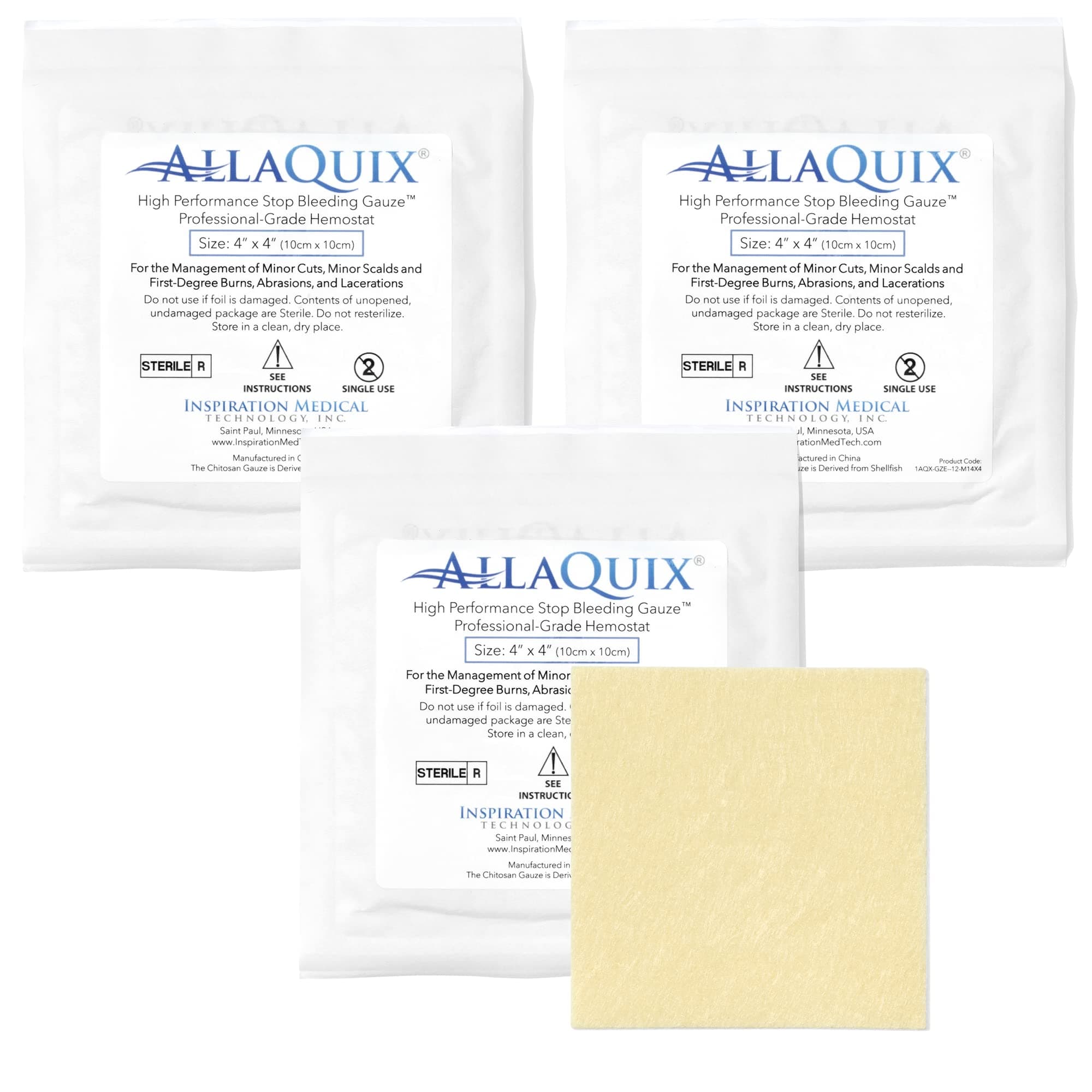 AllaQuix High Performance Stop Bleeding Gauze Pads – 3-Pack (4"x4") | Hemostatic Wound Dressing for Cuts & First Aid Kits | Sterile, Drug-Free, Fast Clotting Pads