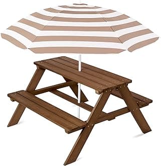 Best Choice Products Kids Wooden Picnic Table, Outdoor Activity & Dining Table w/Adjustable Collapsible Umbrella, Built-in Seats - Walnut/Beige