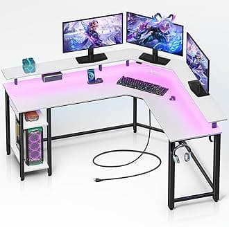 Rolanstar L Shaped Gaming Desk with LED Lights & Power Outlets, 46.2" Computer Desk with Full Monitor Stand & Storage Shelf, Corner Desk with Hooks, White Desk Reversible