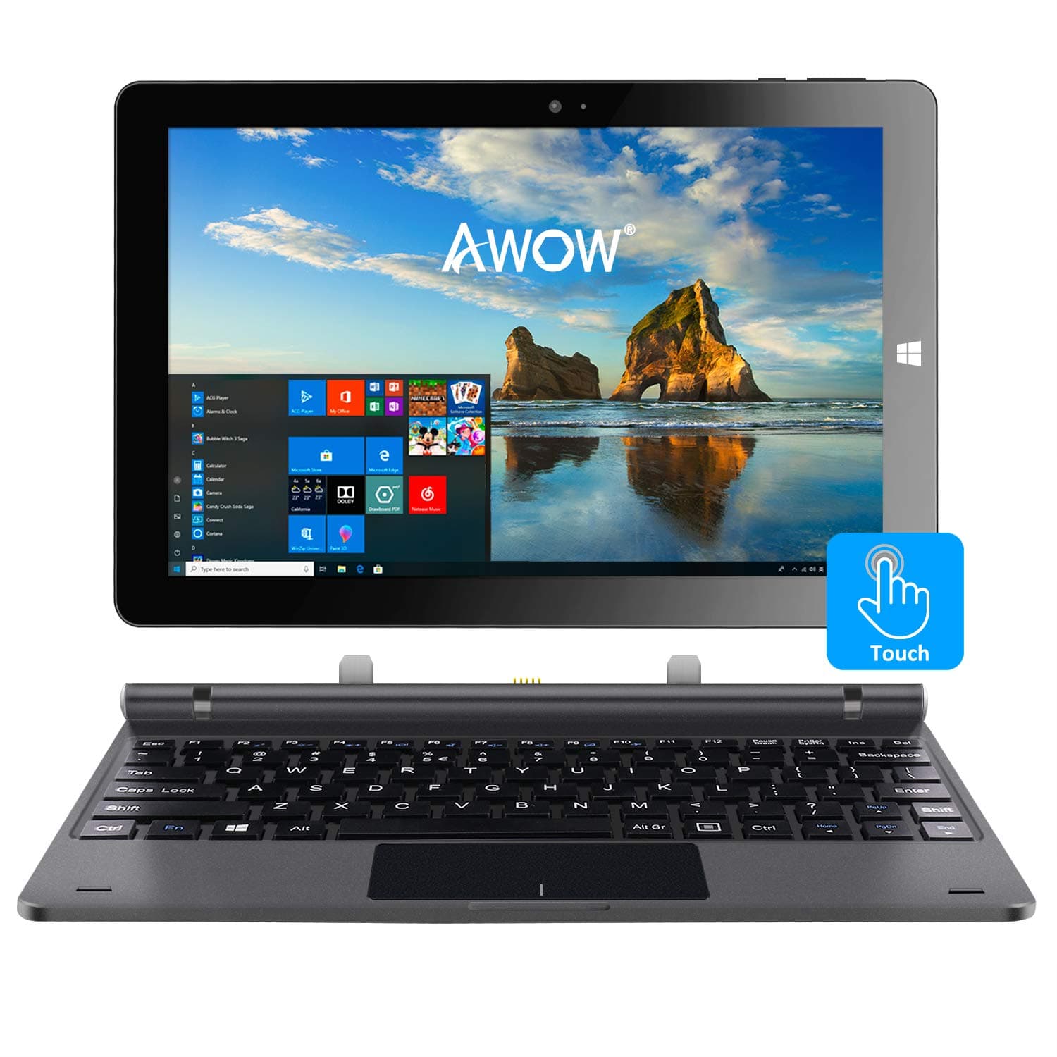 AWOW 10.1" Touch Screen Windows 10 2-in-1 Laptop Tablet PC with Intel X5-Z8350 Quad-Core 1.44Ghz/Ips HD 1280 X 800/2GB/32GB/Dual Webcam/Wi-Fi/Bluetooth 4.0/Micro HDMI/Micro SD/USB/Keyboard/Iron Gray