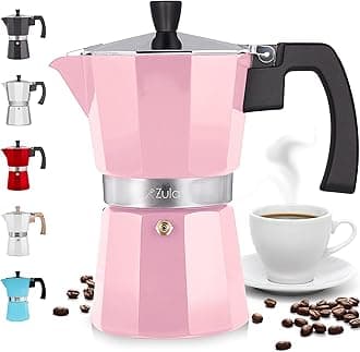 Zulay Classic Stovetop Espresso Maker for Great Flavored Strong Espresso, Classic Italian Style 3 Espresso Cup Moka Pot, Makes Delicious Coffee, Easy to Operate & Quick Cleanup Pot (Pink)