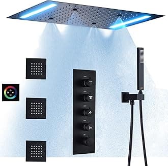 Black Rainfall Multi Shower Head System Set 14 X 20 Inch Bathroom LED Ceiling Shower Brass Luxury Thermostatic Faucet Message Sprayer Body Jets