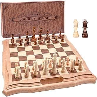 15.6 inches Magnetic Wooden Chess Set, Handheld Style Chess Board Game Sets with Game Pieces Storage Slots - 2 Extra Queens - Gift Package, Chess for Beginner, Kids and Adults