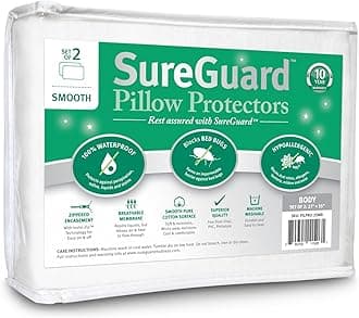 Set of 2 Body Size SureGuard Pillow Protectors - 100% Waterproof, Bed Bug Proof, Hypoallergenic - Premium Zippered Cotton Covers - Smooth