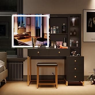 Vanity Set with Lighted Mirror and Charging Station, Extra Large Mirror Makeup Vanity Table with Cushioned Stool,5 Drawers, Modern Vanity Table with Nightstand (Black, Large)