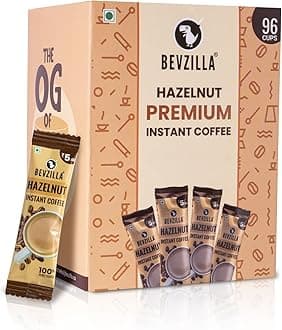Bevzilla 96 Instant Coffee Powder Sachets (Hazelnut) -192 Grams |Arabica Coffee| Easy To Carry|Best For Espresso, Latte, Cappuccino| Enjoy Hot & Cold