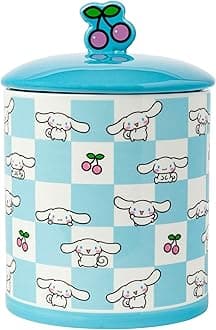 Sanrio Hello Kitty and Friends Cinnamoroll Cherries Blue Checkered Ceramic Cookie Snack Jar (Large)