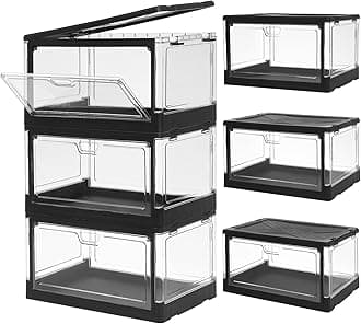3-Pack Clear Stackable Storage Bins with Lids Magnetic Doors Open Front Foldable Folding Plastic Craft Containers Large Closet Organizers Box for Bedrooms Living Rooms Study 24 QT