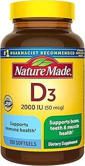 Nature Made Vitamin D3 2000 IU (50 mcg), Vitamin D Supplement for Bone, Teeth, Muscle and Immune Health Support, 250 Softgels, 250 Day Supply