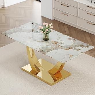 71”Faux Marble Dining Table, Dining Room Table for 6-8, Gold Kitchen Table,0.4 Thickened Marble Pattern Tempered Glass Top with Golden Rectangular Base