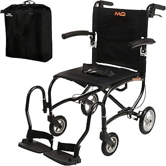MobiQuip Lightweight Travel Wheelchair, 8kg - Black Aluminium Compact Folding Frame with Travel Bag - Attendant-Propelled Mobility Wheelchair - with Flip-Up Armrests, Adjustable Leg Rests & Lap Belt