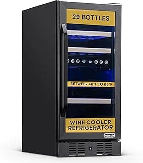 15" Dual Zone Wine Fridge for 29 Bottles | Built-In or Freestanding Wine Cooler Refrigerator with Glass Door | Precision Cooling & Wood Shelves for Red and White Wines | Black Stainless Steel