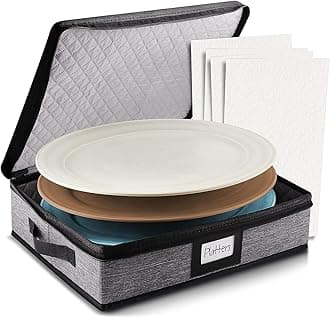 China Storage Containers, 4-Pc. Set – Hard Shell, Stackable Holders for Plate, Cup, Flatware, Stemware, & Platter Sets – Padded Dinnerware & Dish Cases with Dividers, Handles, & Zippers by StorageBud