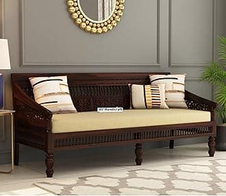 Solid Sheesham Wood Sofa Set for Living Room|Sofas|Wooden Sofa Set (Walnut & Cream, 3-Person Sofa)