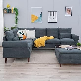 Panana L Shape Sectional Corner Sofa, 3 Seater & 2 Seater Corner Couch, Upholstered Fabric with Solid Wood Legs and CUshion Backrest For Living Room Lounge (Grey, Scroll Arm)