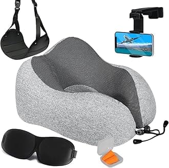 Homeify Airplane Neck Pillow Includes Travel Pillow + Airplane Phone Holder Mount + Eye Masks + Foot Hammock + Earplugs for Travel, 100% Pure Memory Foam Travel Pillow, 6 Pc Travel Kit