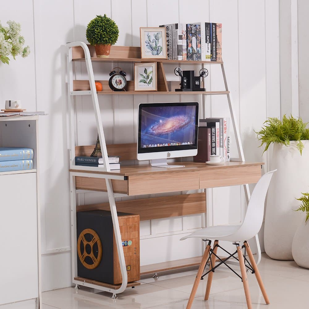 Multi-Functional Computer Desk with Bookshelf and Drawers Home Office PC Laptop Study Table (White Shelf and Light Walnut)