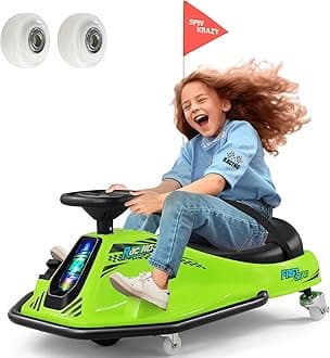 360 Degrees Rotating Ride On Drift Car, 24V Electric Drifting Go Kart for Kids W/24V Brushless Motor，Replacement Wheels, 3-7.5mph Speed, Flashing Lights, Flag, Music,Bluetooth,Green