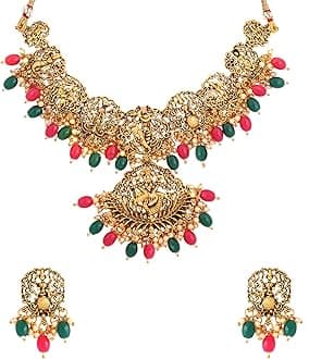 Jewellery Set for Women Gold Plated Traditional Temple Jewelry Set Antique Necklace Set with Earrings and Maangtikka for Women and Girls (JS 18)