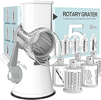 Cambom 5 in 1 Rotary Cheese Grater Hand Crank Cheese Shredder for Fresh Cheese, Vegetable, Nuts,Non-slip Suction Base, Five Blades, White