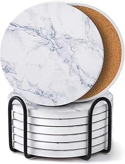 Coasters Set of 8 for Drinks, White Marble-Style Anti-Slip Absorbent Drink Coasters with Holder, Modern Marble Stone Coaster for Home Patio Decor Coffee Bar Accessories Ideal Housewarming Gifts