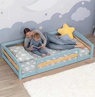 Ocodile Twin Floor Bed with Safety Guardrails for Kids, Montessori Inspired with Rails and 2 Openings, Twin Size Bed Frame for Girls and Boys - Blue