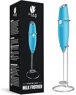 Bean Envy Milk Frother for Coffee - Handheld Battery-Operated Electric Milk and Coffee Frother, Mini Electric Drink Mixer, Foamer & Frother with Stand for Coffee, Lattes, Hot Chocolates and Shakes -Robin Blue