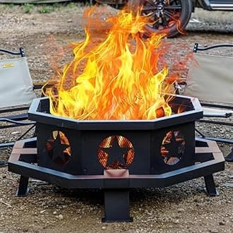 Panovue 42 inch Fire Pit for Outside, Heavy Duty Wood Burning Fire Pits with Fire Poker, Outdoor Octagonal Firepit for Camping, Yard, Patio