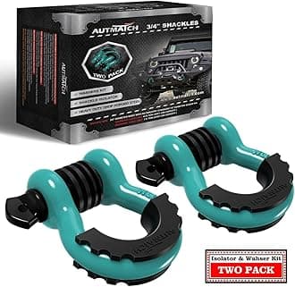 AUTMATCHD Ring Shackle 3/4" Shackles (2 Pack) 41,887Ibs Break Strength with 7/8" Screw Pin and Shackle Isolator Washers Kit for Tow Strap Winch Off Road Vehicle Recovery Teal & Black
