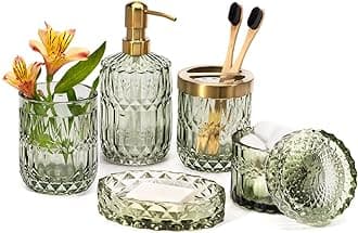 EMPO 6PCS Bathroom Clear Glass Accessories Set (Lotion Soap Dispenser, Soap Dish, Toothbrush Holder, Tumbler, Cotton Swab Jar), Contemporary Modern Decor Crystal Vintage Gift (6pcs Green)