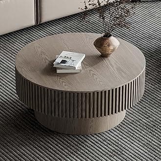 Round Coffee Table with Storage, Modern Wooden Coffee Table with Solid Wood Veneered, Circle Center Table Accent Tea Table for Living Room Apartment Small Space (31.5''L × 31.5''W × 14''H, Grey)