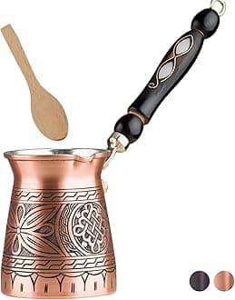 BCS 12 Oz Copper Turkish Greek Arabic Coffee Pot with Wooden Handle (4 servings) Cezve Ibrik Briki Stovetop Coffee Maker with Wooden Spoon