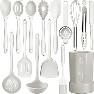 AOTHOD Silicone Cooking Utensils Set - 446°F Heat Resistant Silicone Kitchen Utensils,Spatula,Spoon, Kitchen Utensil Sets Gadgets Tools Set for Nonstick Cookware,Dishwasher Safe Bpa Free (Cream White)