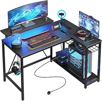 Bestier 106.5CM L-Shaped Gaming Desk with RGB LED Lights Carbon Fibre Surface, 3 Power Outlets & 2 USB Ports, Reversible Corner Desk with Shelves & Hooks for Home Office & Small Spaces
