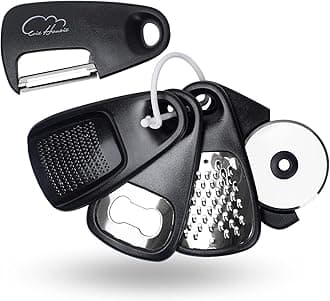 Kitchen Gadgets Set 5 Pieces, Space Saving Cooking Tools Kitchen Accessories - Fruit/Vegetable Peeler, Cheese/Chocolate Grater, Bottle Opener, Pizza Cutter, Garlic/Ginger Grinder Gift Set (Black)