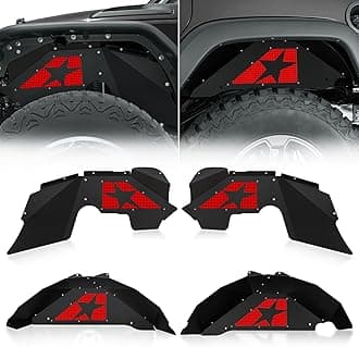 Front & Rear Inner Fender Liners Compatible with 2007-2018 Jeep Wrangler JK & JKU Unlimited (2/4 Doors), Slanted Red Star Style Mud Guards Steel Wheel Well Cover Fenders Flares