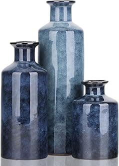 Blue Ceramic Vases Set - 3 Blue Small Vase, Farmhouse Country Blue Vases Home Decor, Living Room Decoration, Table Decoration, Fireplace Decor, and Entrance Decoration Centerpieces