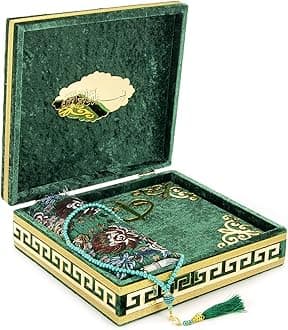 Ihvan Luxury Islamic Gift Box, Deluxe 4 Piece Set with Velvet Covered Quran, Prayer Beads Tesbih, Prayer Rug, Ramadan & Eid Gift, Green