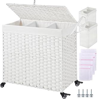 Greenstell Laundry Hamper with Wheels&Lid, 125L Large 3 Sections Clothes Hamper with 2 Types Removable Liner Bags, 5 Mesh Laundry Bags, Handwoven Divided Laundry Basket White