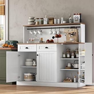 Sideboard Buffet with 2 Drawers, Farmhouse Kitchen Pantry Cabinet with Adjustable Shelves, Coffee Bar Cupboard Cabinet with 3 Doors for Kitchen, Dining Room (Light Walnut & White)