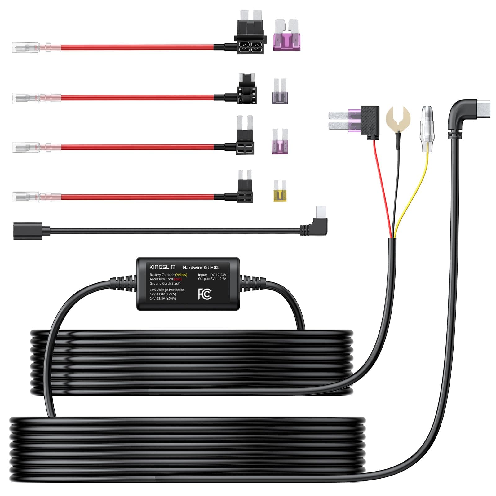 KingslimH02 Dash Cam Hardwire Kit 11.5ft, Type C/Mini USB 2 in 1 for Dash Camera, Converts 12V-24V to 5V/2.5A Low Voltage Protection Enables Parking Mode for Kingslim Series Dashcams