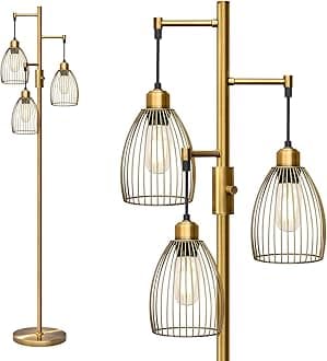 Torondo Dimmable Floor Lamp, Industrial Floor Lamps for Living Room, Antique Brass Tree Shape Floor Lamp, Tall Lamps with 3 Stylish Shaped Cage Heads