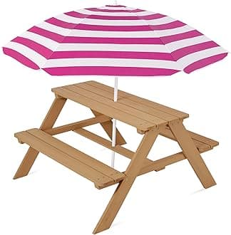 Wooden Kids Picnic Table with Umbrella, Outdoor Activity Table Set with Built-in Benches, 220 lb Capacity per Bench - Natural/Dark Pink