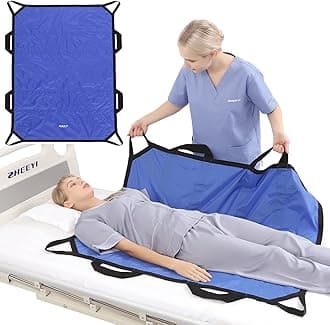 Multipurpose 43" x 36" Positioning Bed Pad with Reinforced Handles - Reusable & Washable Patient Sheet for Turning, Lifting & Repositioning - Double-Sided Nylon Fabric, Blue