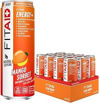 FITAID ENERGY, 200mg Natural Caffeine, Keto, Mango Sorbet, Optimum Performance Formula: BCAAs, Quercetin, Electrolytes, Omega-3s, 15 calories, Paleo, Vegan & Gluten-Free 12 Fl Oz (Pack of 12)