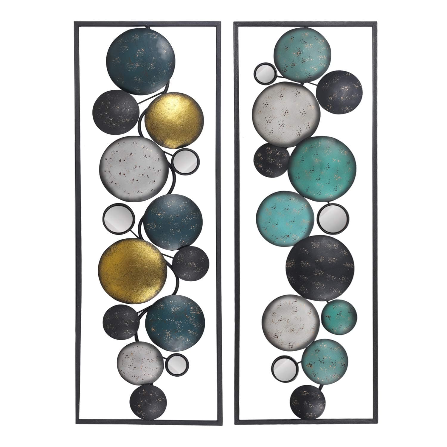 Adeco35.2" Modern Wall Sculpture, Abstract Floating Patterned Shapes Rectangle Frame Metal Wall Decoration, Set of 2