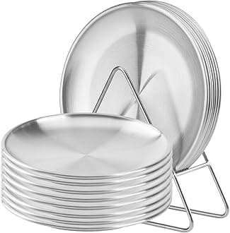 8-piece 6.5-inch appetizer plate with stand set Gold silver stainless steel round plates Suitable for cakes desserts, salads, dips, snacks, side dishes (Silver, 7.8inch)