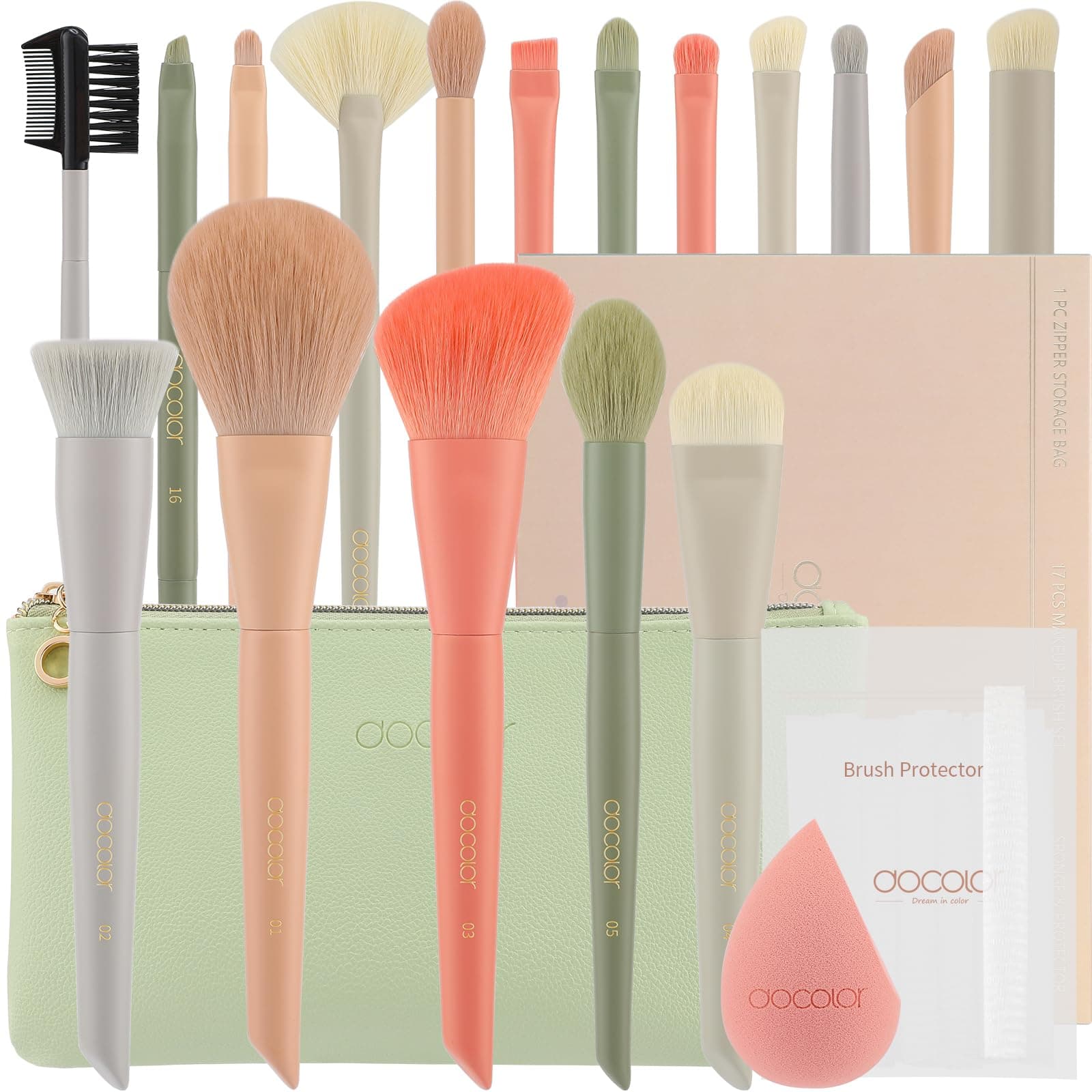 Docolor Makeup Brushes 17+2 Pcs with Makeup Bag and Makeup Sponge and Brush Protector Morandi Makeup Brush Set Premium Synthetic hair makeup brush Wooden handle Gift Box